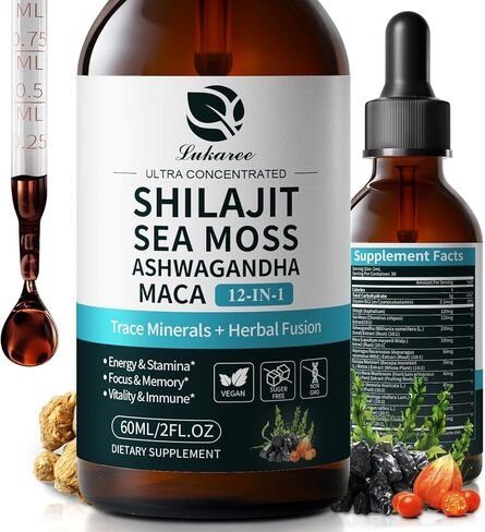 Shilajit Liquid Drops, 12-in-1 Complex - Sea Moss, Ashwagandha, Maca, Fulvic Acid, Trace Minerals, Liquid Vitamins Supplement for Men and Women, Energy, Antioxidant, Immune Support, 60ML/2 FL Oz in Kuwait