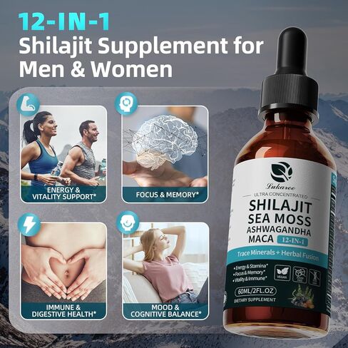 Shilajit Liquid Drops, 12-in-1 Complex - Sea Moss, Ashwagandha, Maca, Fulvic Acid, Trace Minerals, Liquid Vitamins Supplement for Men and Women, Energy, Antioxidant, Immune Support, 60ML/2 FL Oz in Kuwait