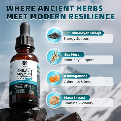 Shilajit Liquid Drops, 12-in-1 Complex - Sea Moss, Ashwagandha, Maca, Fulvic Acid, Trace Minerals, Liquid Vitamins Supplement for Men and Women, Energy, Antioxidant, Immune Support, 60ML/2 FL Oz in Kuwait