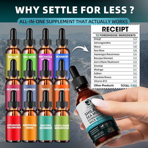 Shilajit Liquid Drops, 12-in-1 Complex - Sea Moss, Ashwagandha, Maca, Fulvic Acid, Trace Minerals, Liquid Vitamins Supplement for Men and Women, Energy, Antioxidant, Immune Support, 60ML/2 FL Oz in Kuwait