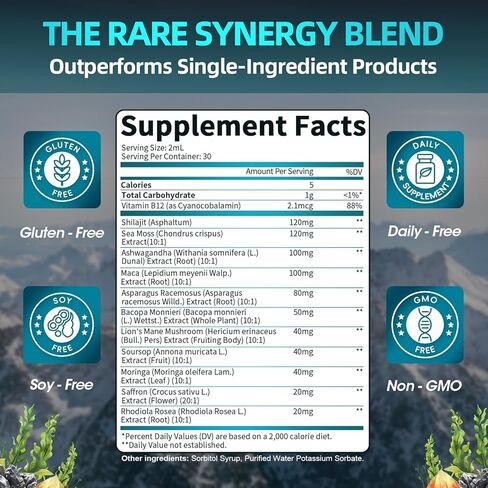 Shilajit Liquid Drops, 12-in-1 Complex - Sea Moss, Ashwagandha, Maca, Fulvic Acid, Trace Minerals, Liquid Vitamins Supplement for Men and Women, Energy, Antioxidant, Immune Support, 60ML/2 FL Oz in Kuwait