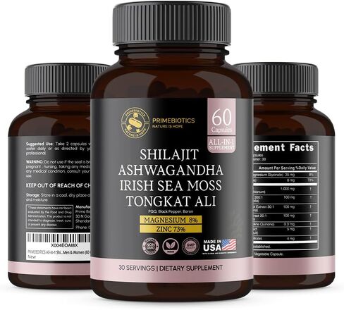 All-in-1 Shilajit Supplement with Ashwagandha, Irish Sea Moss, Tongkat Ali, Black Pepper Extract, Boron, Magnesium and Zinc for Men & Women (60 Capsules) in Saudi Arabia