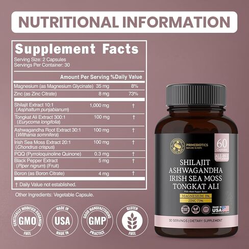 All-in-1 Shilajit Supplement with Ashwagandha, Irish Sea Moss, Tongkat Ali, Black Pepper Extract, Boron, Magnesium and Zinc for Men & Women (60 Capsules) in Saudi Arabia