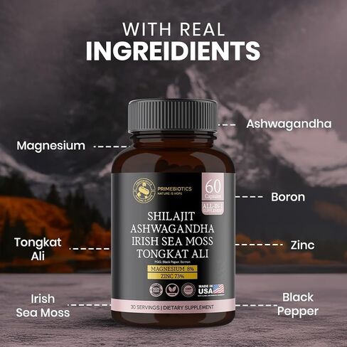 All-in-1 Shilajit Supplement with Ashwagandha, Irish Sea Moss, Tongkat Ali, Black Pepper Extract, Boron, Magnesium and Zinc for Men & Women (60 Capsules) in Saudi Arabia