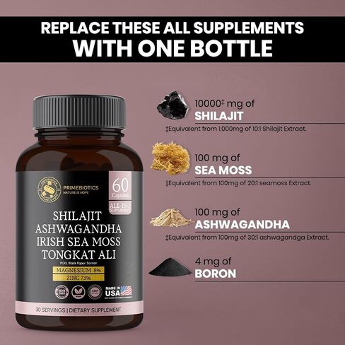All-in-1 Shilajit Supplement with Ashwagandha, Irish Sea Moss, Tongkat Ali, Black Pepper Extract, Boron, Magnesium and Zinc for Men & Women (60 Capsules) in Saudi Arabia