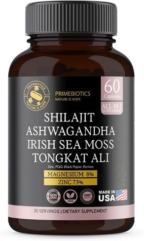 All-in-1 Shilajit Supplement with Ashwagandha, Irish Sea Moss, Tongkat Ali, Black Pepper Extract, Boron, Magnesium and Zinc for Men & Women (60 Capsules) in Saudi Arabia