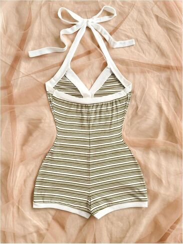 Verdusa Women's Striped Halter Romper Casual Summer Sexy Romper Short 2025 Date Night Outfits in Saudi Arabia