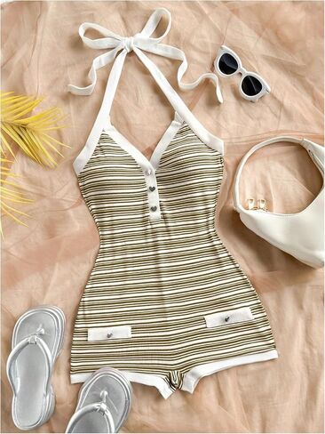 Verdusa Women's Striped Halter Romper Casual Summer Sexy Romper Short 2025 Date Night Outfits in Saudi Arabia