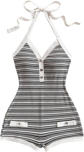 Verdusa Women's Striped Halter Romper Casual Summer Sexy Romper Short 2025 Date Night Outfits in Saudi Arabia