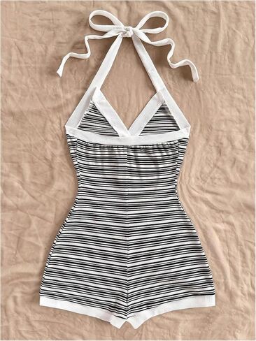 Verdusa Women's Striped Halter Romper Casual Summer Sexy Romper Short 2025 Date Night Outfits in Saudi Arabia