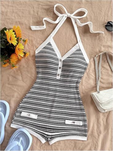 Verdusa Women's Striped Halter Romper Casual Summer Sexy Romper Short 2025 Date Night Outfits in Saudi Arabia