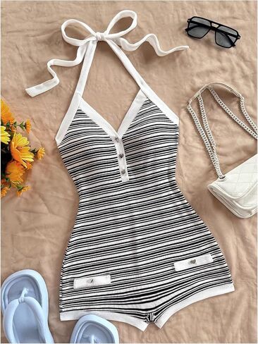 Verdusa Women's Striped Halter Romper Casual Summer Sexy Romper Short 2025 Date Night Outfits in Kuwait