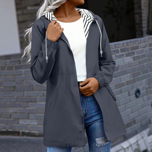 Lightweight Rain Jacket Women Plus Size Waterproof Rain Coats Striped Lined Zip Up Outdoor Windbreaker with Pockets in Kuwait