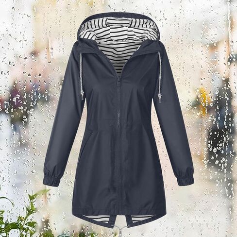 Lightweight Rain Jacket Women Plus Size Waterproof Rain Coats Striped Lined Zip Up Outdoor Windbreaker with Pockets in Kuwait