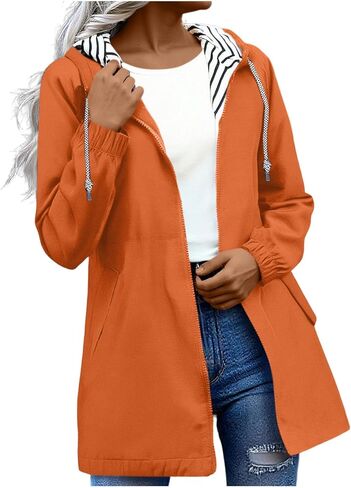 Lightweight Rain Jacket Women Plus Size Waterproof Rain Coats Striped Lined Zip Up Outdoor Windbreaker with Pockets in Kuwait