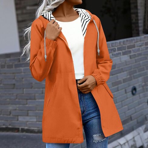 Lightweight Rain Jacket Women Plus Size Waterproof Rain Coats Striped Lined Zip Up Outdoor Windbreaker with Pockets in Kuwait