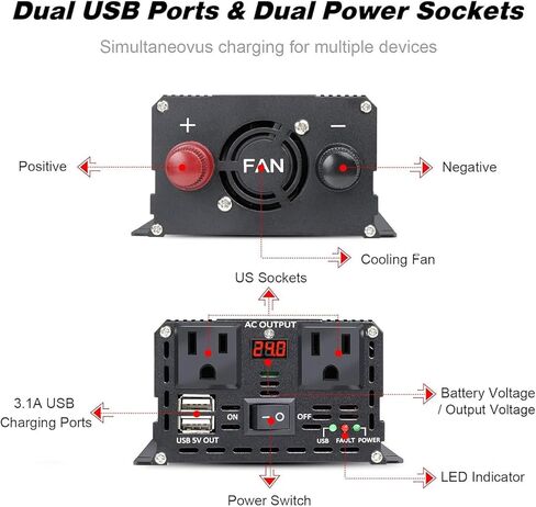 LVYUAN 500 Watt Pure Sine Wave Power Inverter 12V to 110V/120V DC to AC Converter with Dual Sockets, Dual USB Ports, LED Display for Home Outdoor RV Car Power Inverter Power Adapter in Kuwait