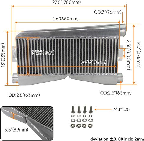Universal Twin Turbo Intercooler 24"x9"x3.5" Bar & Plate Custom (2 In/1 Out) Black in Saudi Arabia