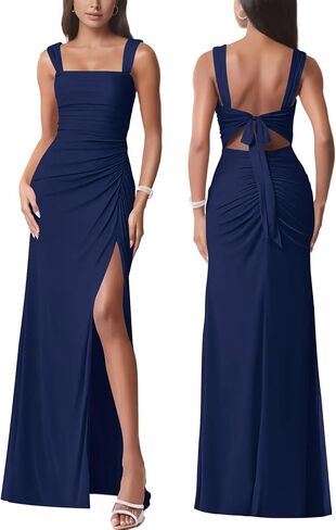 Women Sexy Tie Low Back Sleeveless Split Mesh Ruched Maxi Dress Party Cocktail Long Dress Wedding Guest Dresses in Kuwait