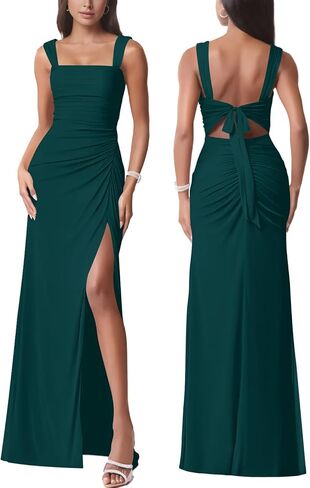 Women Sexy Tie Low Back Sleeveless Split Mesh Ruched Maxi Dress Party Cocktail Long Dress Wedding Guest Dresses in Kuwait