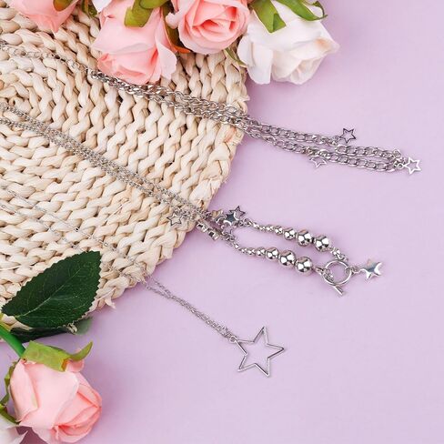 مجموعة حزام سلسلة النجوم وقلادة ، وسلسلة فضية من الفضة المعدنية الخصر بطن y2k سلسلة مع مكدس مكدس القلادة إكسسوارات المجوهر in Saudi Arabia