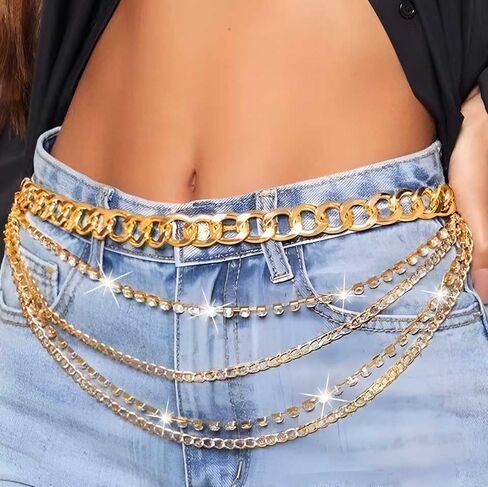 Multilayer Waist Chain Belts Cuban Rhinestone Sparkly Belly Chains Rave Body Jewelry Accessories for Women in Kuwait