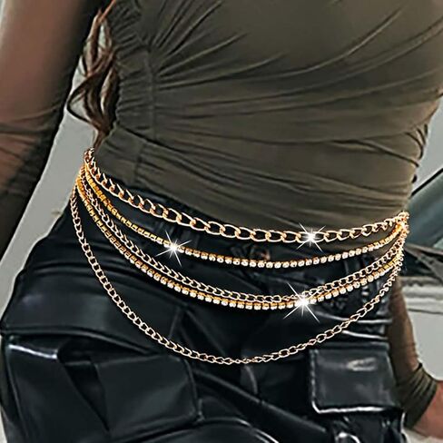 Multilayer Waist Chain Belts Cuban Rhinestone Sparkly Belly Chains Rave Body Jewelry Accessories for Women in Kuwait