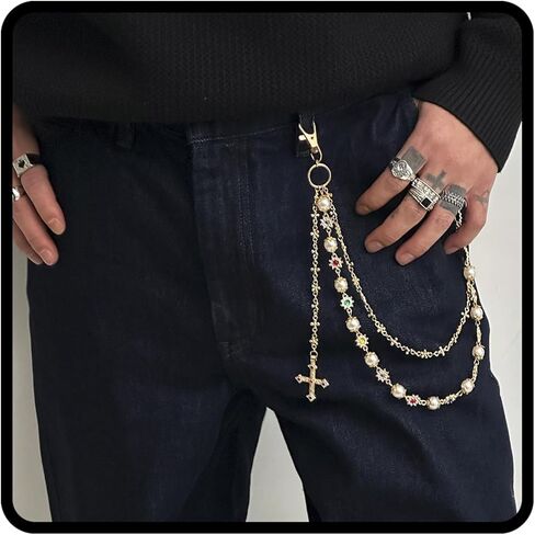 Pants Chains For Men Women, Wallet Chain Pearl Rhinestone Cross Layered Chains Punk Jeans Key Chain Exquisite Flower Body Accessories in Kuwait