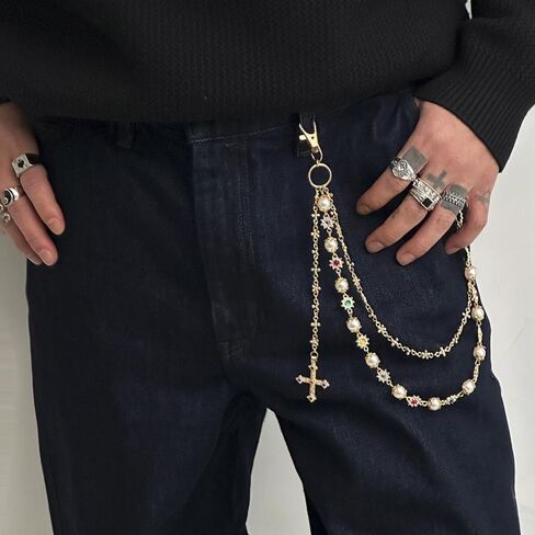 Pants Chains For Men Women, Wallet Chain Pearl Rhinestone Cross Layered Chains Punk Jeans Key Chain Exquisite Flower Body Accessories in Kuwait