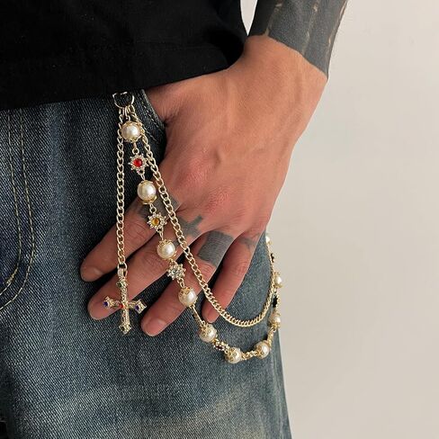 Pants Chains For Men Women, Wallet Chain Pearl Rhinestone Cross Layered Chains Punk Jeans Key Chain Exquisite Flower Body Accessories in Kuwait