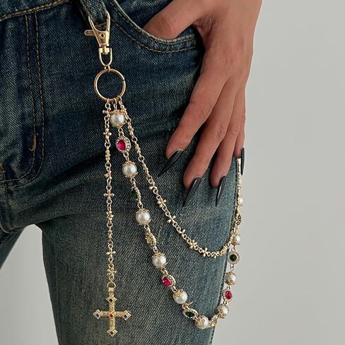 Pants Chains For Men Women, Wallet Chain Pearl Rhinestone Cross Layered Chains Punk Jeans Key Chain Exquisite Flower Body Accessories in Kuwait