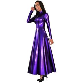 Women PU Long Sleeve Dress Faux Latex Pendulous Maxi Dress Floor Length High Neck PVC Patent Leather Slim in Saudi Arabia
