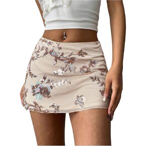 Makemechic Women's Sequin Mini Skirt Summer Floral Mesh Skirt in Kuwait