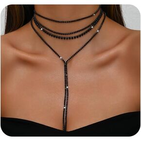 Silver Rhinestone Necklace for Women Layered Black Cubic Zirconia Choker Necklaces Set Sparkly Long Y Lariat Necklaces Trendy Prom Party Jewelry Gifts in Saudi Arabia