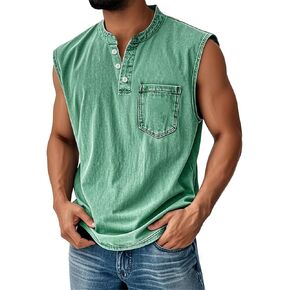 Men Tank Tops Henley Shirts Sleeveless Muscle Gym Workout Running Beach Summer Vintage Button Down Tank Tops in Kuwait