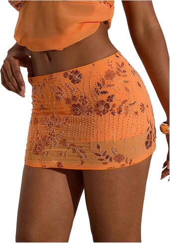 Makemechic Women's Sequin Mini Skirt Summer Floral Mesh Skirt in Kuwait