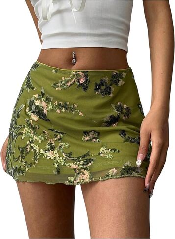 Makemechic Women's Sequin Mini Skirt Summer Floral Mesh Skirt in Kuwait