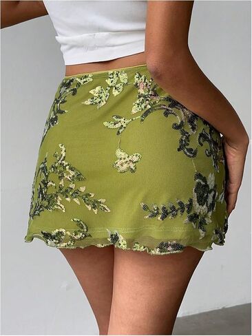 Makemechic Women's Sequin Mini Skirt Summer Floral Mesh Skirt in Kuwait