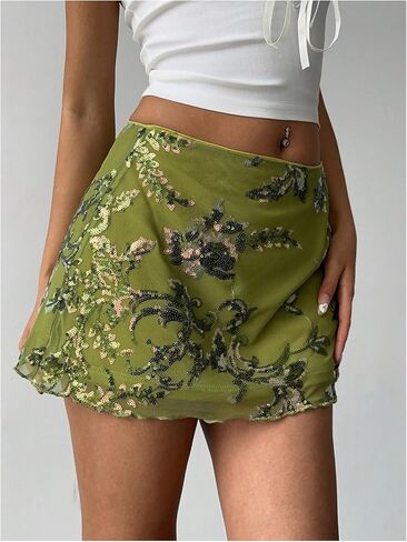 Makemechic Women's Sequin Mini Skirt Summer Floral Mesh Skirt in Kuwait