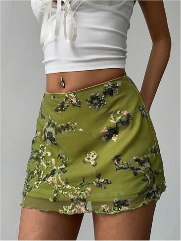Makemechic Women's Sequin Mini Skirt Summer Floral Mesh Skirt in Kuwait