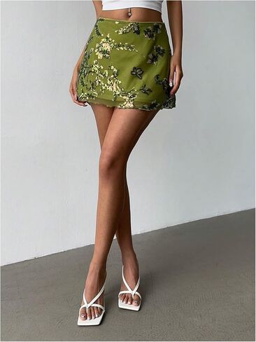 Makemechic Women's Sequin Mini Skirt Summer Floral Mesh Skirt in Kuwait