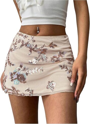 Makemechic Women's Sequin Mini Skirt Summer Floral Mesh Skirt in Kuwait