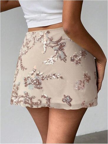 Makemechic Women's Sequin Mini Skirt Summer Floral Mesh Skirt in Kuwait