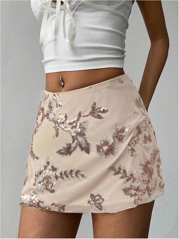 Makemechic Women's Sequin Mini Skirt Summer Floral Mesh Skirt in Kuwait