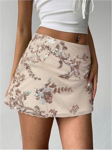 Makemechic Women's Sequin Mini Skirt Summer Floral Mesh Skirt in Kuwait
