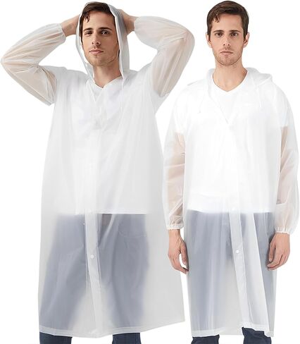 Rain Ponchos Raincoats for Adults, 2 Pcs Reusable Rain Jacket Coats with Hoods and Sleeves for Men Women (White) in Kuwait