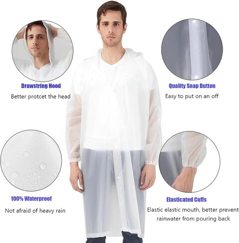 Rain Ponchos Raincoats for Adults, 2 Pcs Reusable Rain Jacket Coats with Hoods and Sleeves for Men Women (White) in Kuwait