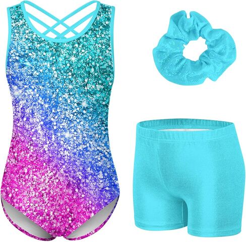 Idgreatim 5-10 Years Gymnastics Leotards for Girls Sparkly Unitards Biketards with Shorts Activewear Outfits in Kuwait