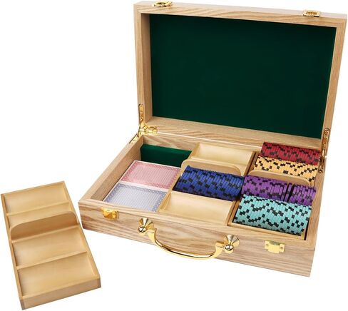 GSE Games & Sports Expert Wooden Poker Chip Case, Casino Grade Chip Holder with 3 Poker Chip Trays for Any Thickness chips, Holds 300 Chips (Oak) in Kuwait