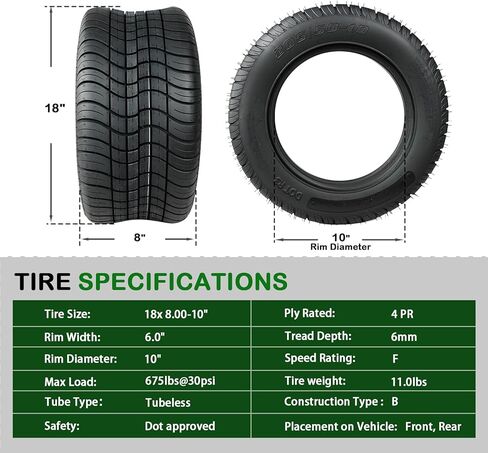 إطارات TRIPOWER لعربة الجولف 205/50-10 - 205/50/10 10 بوصة إطار DOT Street لعربة الجولف E-Z-GO Club Car، مقاومة منخفضة للدوران، 4PR بدون أنبوب، سعة 675 رطل، مجموعة من 4 in Kuwait